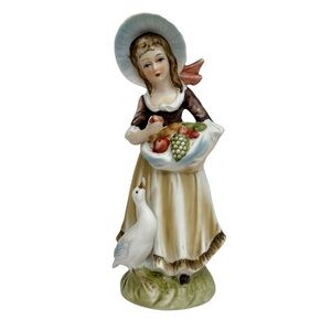 Vintage Lefton Harvest Figurine #6988 Bisque Porcelain Girl With Goose